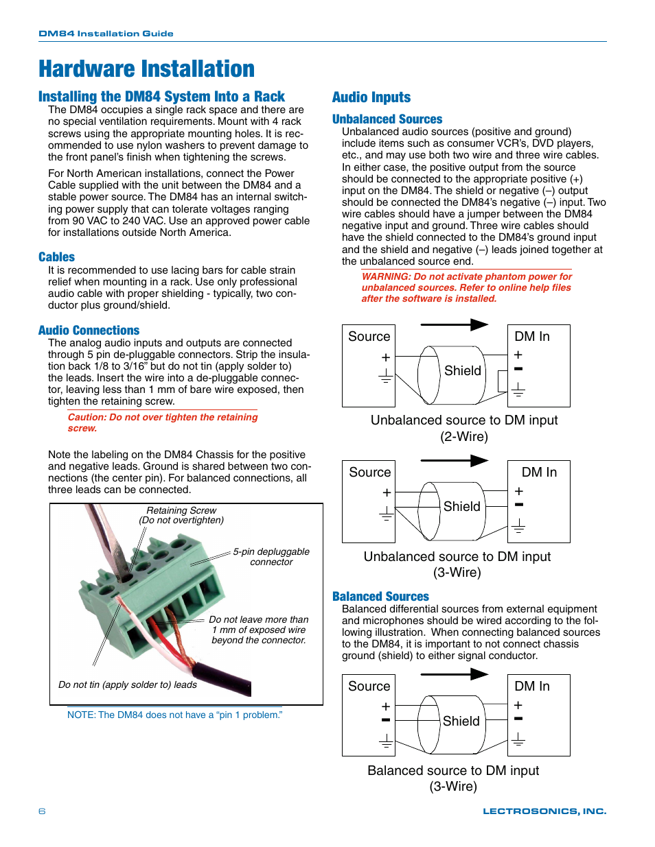 Hardware installation, Installing the dm84 system into a rack, Audio inputs | Lectrosonics DM84 User Manual | Page 6 / 16