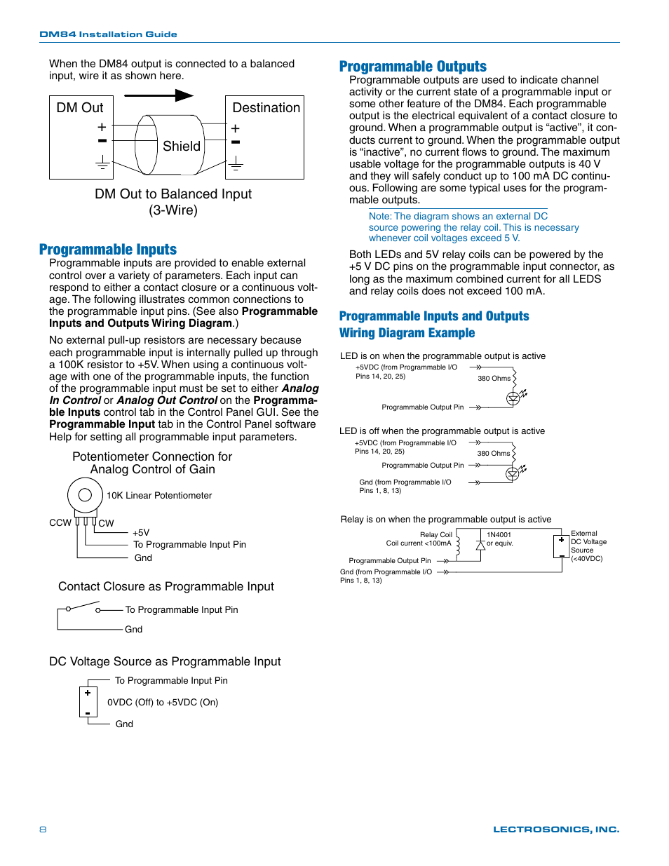 Programmable inputs, Programmable outputs, Dm out | Destination, Dm out to balanced input (3-wire) shield | Lectrosonics DM84 User Manual | Page 8 / 16