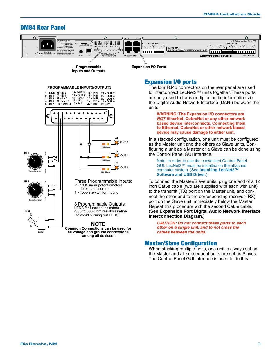 Expansion i/o ports, Master/slave configuration, Dm84 rear panel | Three programmable inputs, 3 programmable outputs | Lectrosonics DM84 User Manual | Page 9 / 16