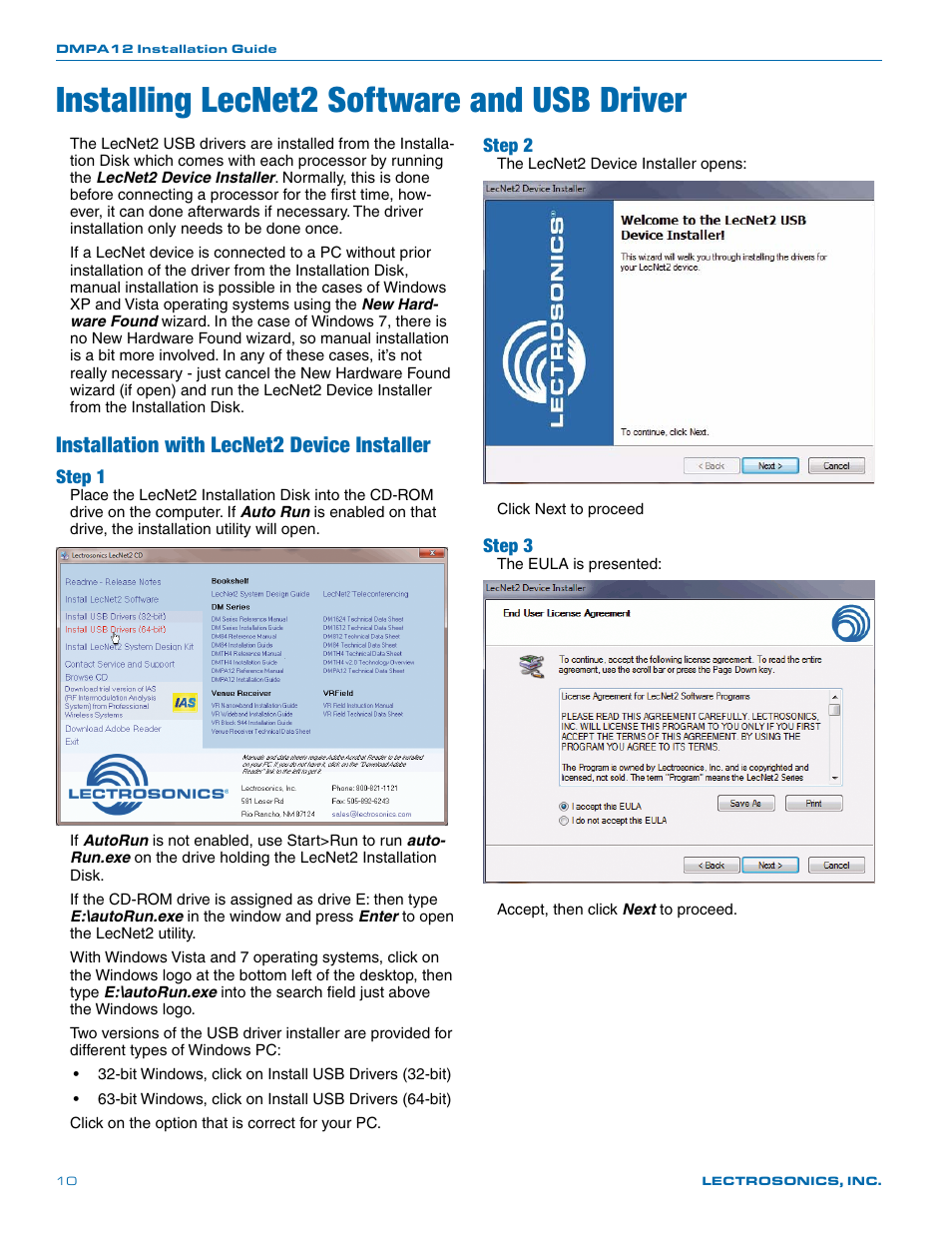Installing lecnet2 software and usb driver, Installation with lecnet2 device installer, Step 1 | Step 2, Step 3 | Lectrosonics DMPA12 User Manual | Page 10 / 20