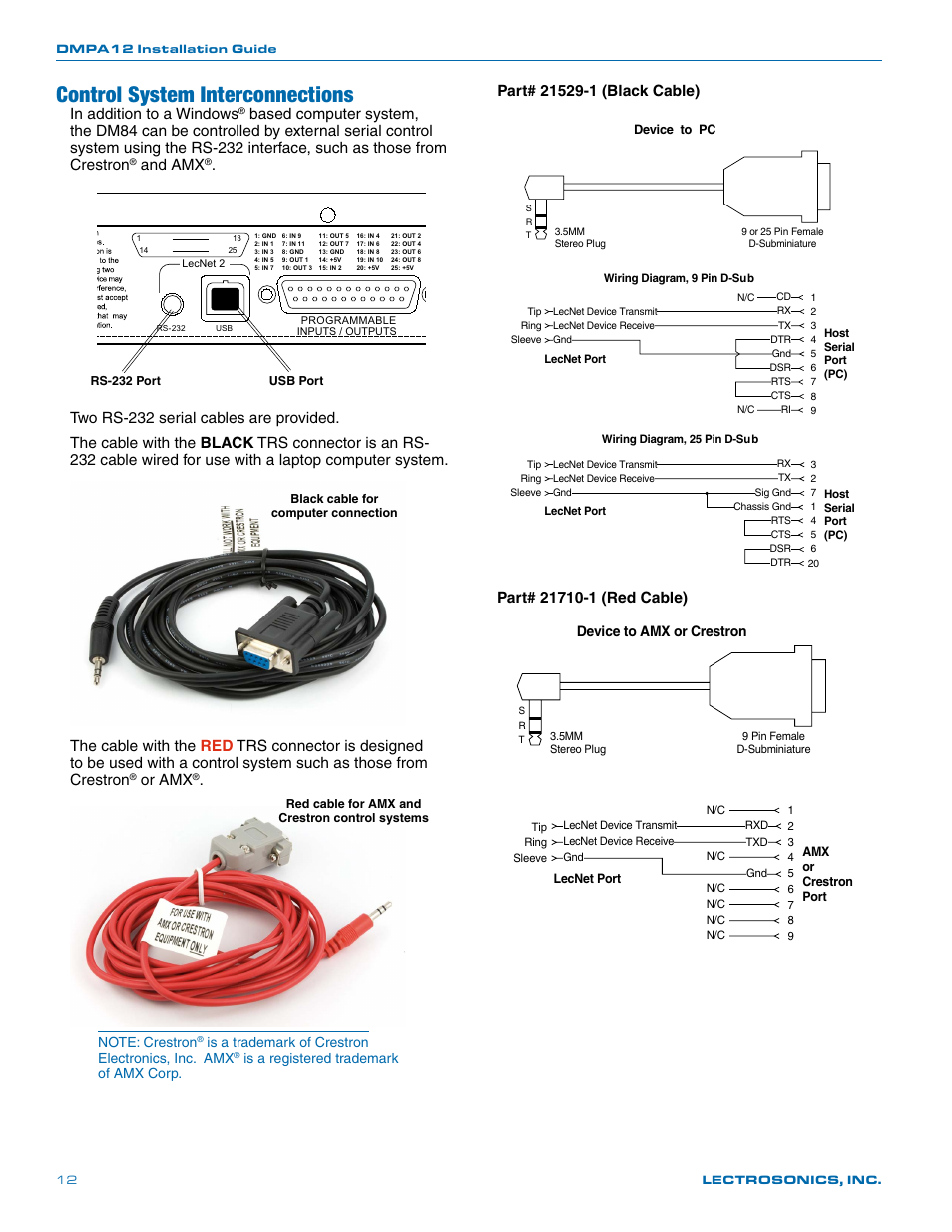Control system interconnections, And amx, Or amx | Is a trademark of crestron electronics, inc. amx, Is a registered trademark of amx corp, Device to amx or crestron | Lectrosonics DMPA12 User Manual | Page 12 / 20