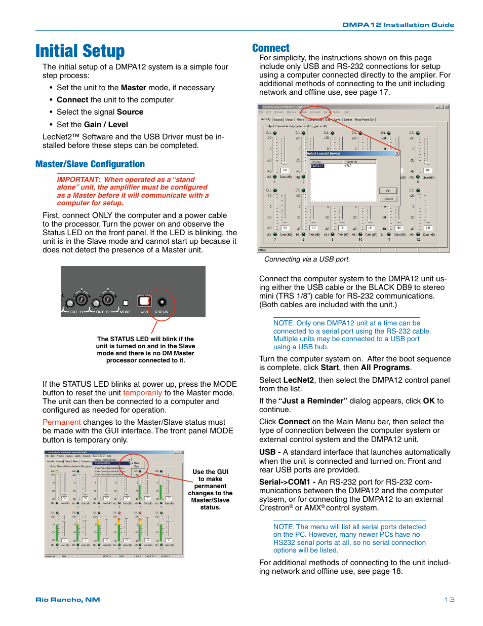 Initial setup, Connect, Master/slave configuration | Lectrosonics DMPA12 User Manual | Page 13 / 20