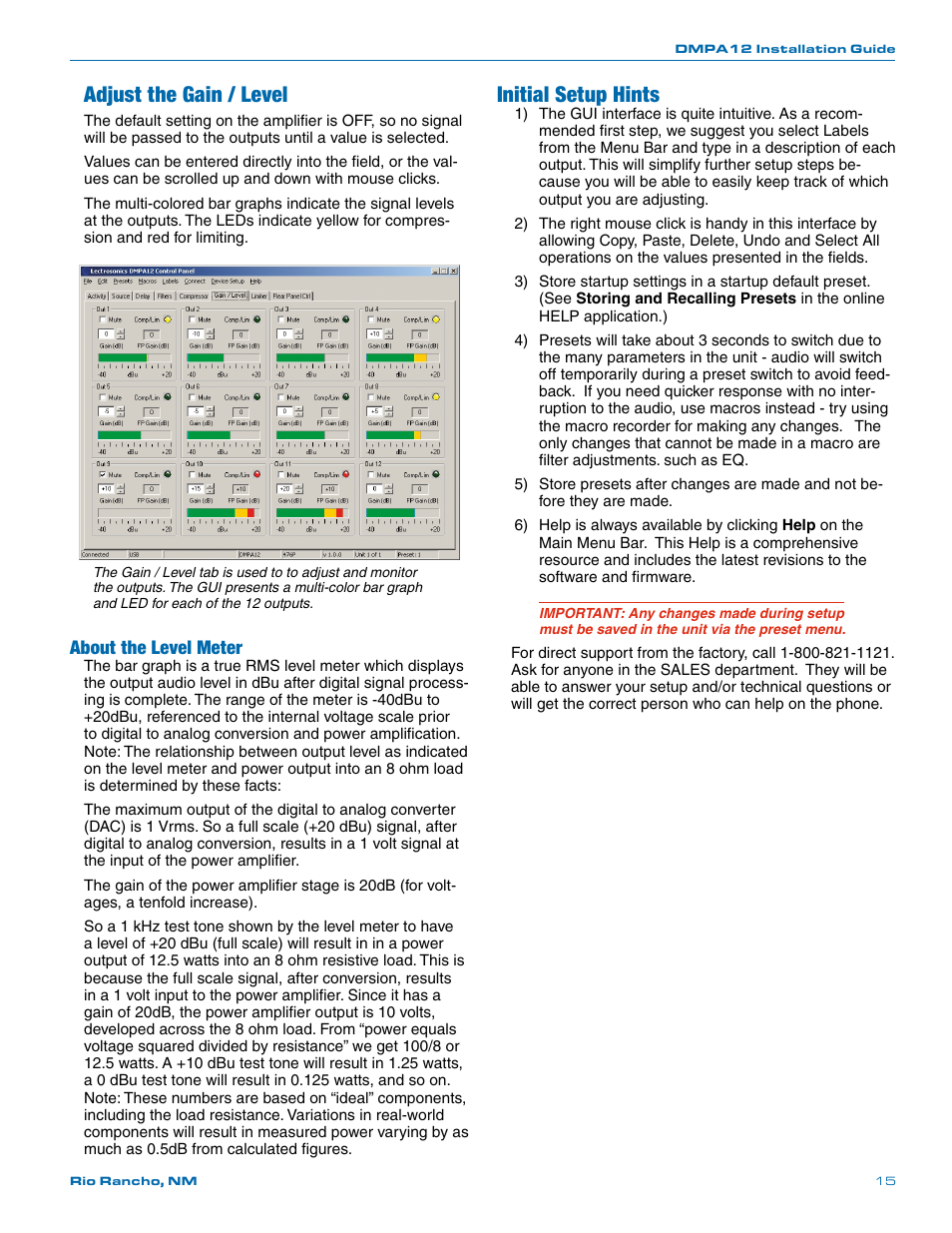 Initial setup hints, Adjust the gain / level, About the level meter | Lectrosonics DMPA12 User Manual | Page 15 / 20