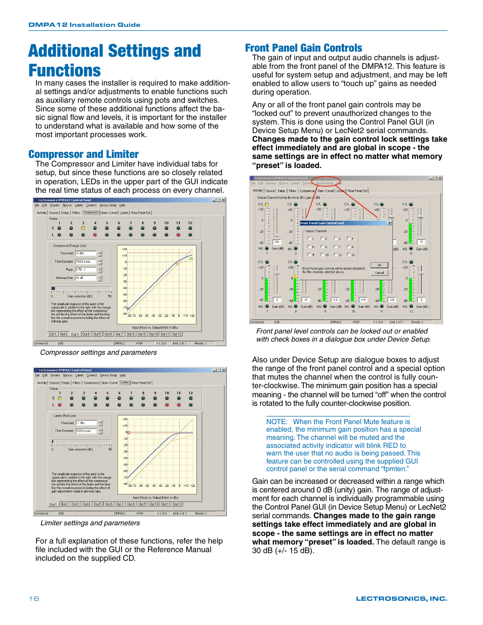 Additional settings and functions, Compressor and limiter, Front panel gain controls | Lectrosonics DMPA12 User Manual | Page 16 / 20