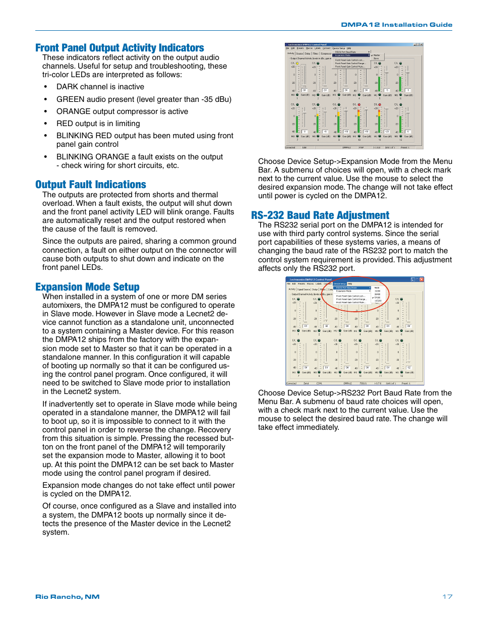Front panel output activity indicators, Output fault indications, Expansion mode setup | Rs-232 baud rate adjustment | Lectrosonics DMPA12 User Manual | Page 17 / 20