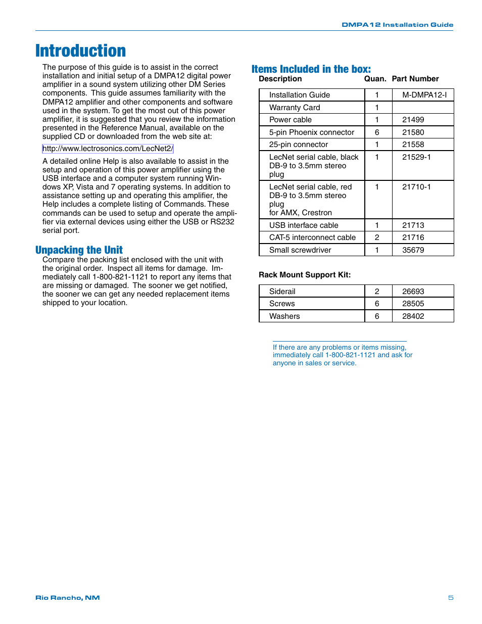 Introduction, Unpacking the unit, Items included in the box | Lectrosonics DMPA12 User Manual | Page 5 / 20