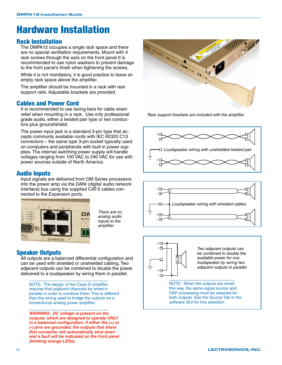 Hardware installation, Rack installation, Cables and power cord | Audio inputs, Speaker outputs | Lectrosonics DMPA12 User Manual | Page 6 / 20