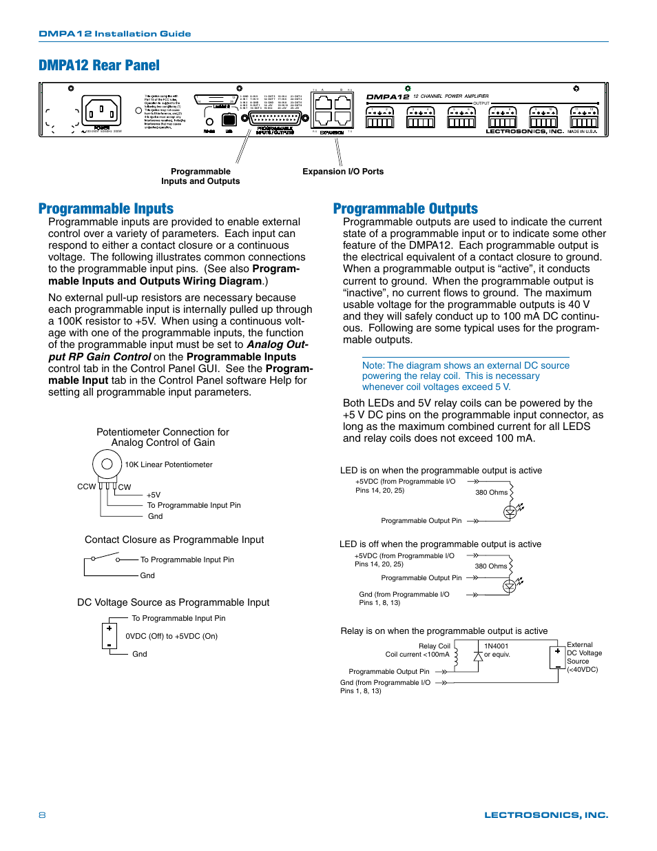 Dmpa12 rear panel, Programmable inputs, Programmable outputs | Lectrosonics DMPA12 User Manual | Page 8 / 20