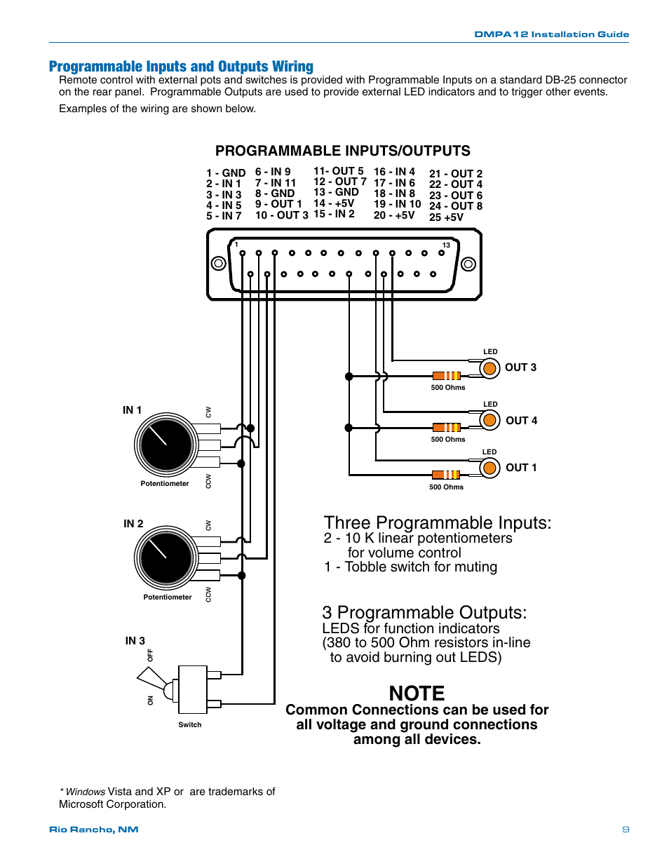 Programmable inputs and outputs wiring, Control system interconnections, Three programmable inputs | 3 programmable outputs, Programmable inputs/outputs | Lectrosonics DMPA12 User Manual | Page 9 / 20