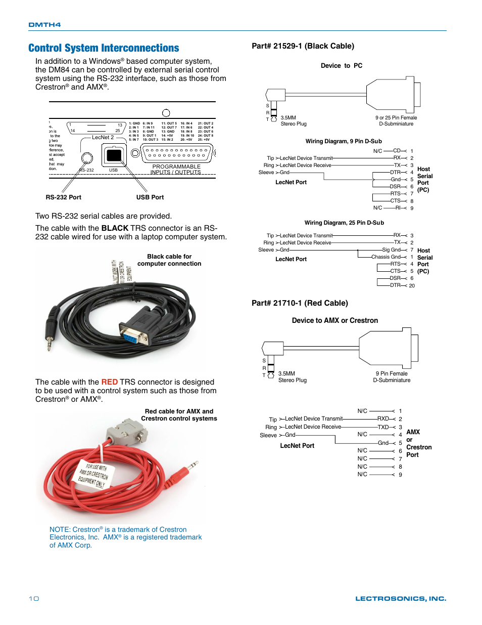Control system interconnections, And amx, Or amx | Is a trademark of crestron electronics, inc. amx, Is a registered trademark of amx corp, Device to amx or crestron | Lectrosonics DMTH4 User Manual | Page 10 / 24