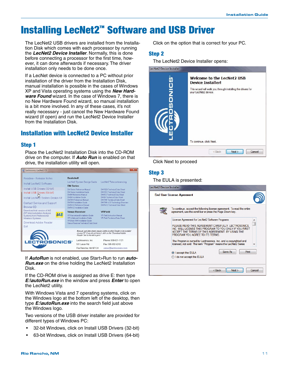 Installing lecnet2, Software and usb driver, Installation with lecnet2 device installer | Step 1, Step 2, Step 3 | Lectrosonics DMTH4 User Manual | Page 11 / 24