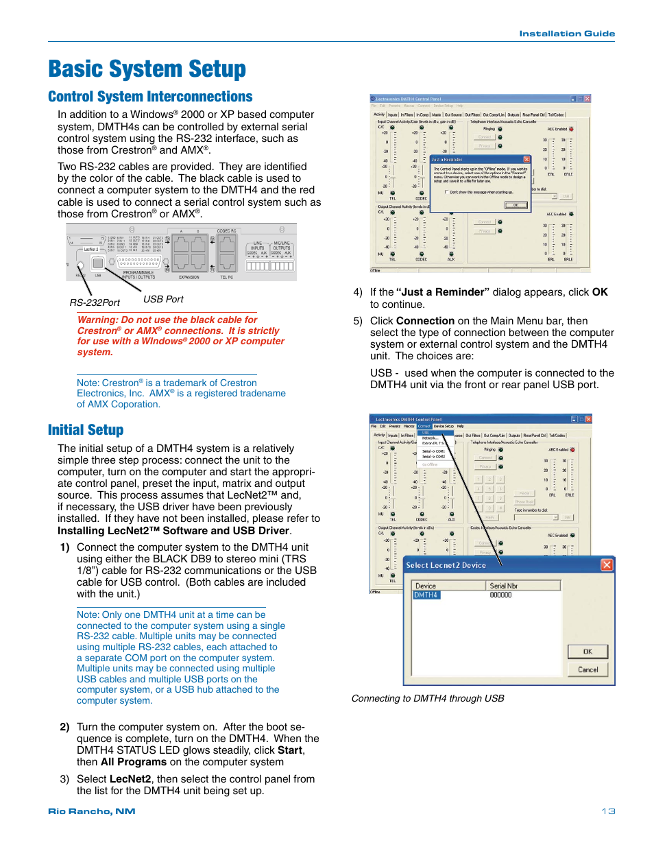 Basic system setup, Control system interconnections, Initial setup | Lectrosonics DMTH4 User Manual | Page 13 / 24
