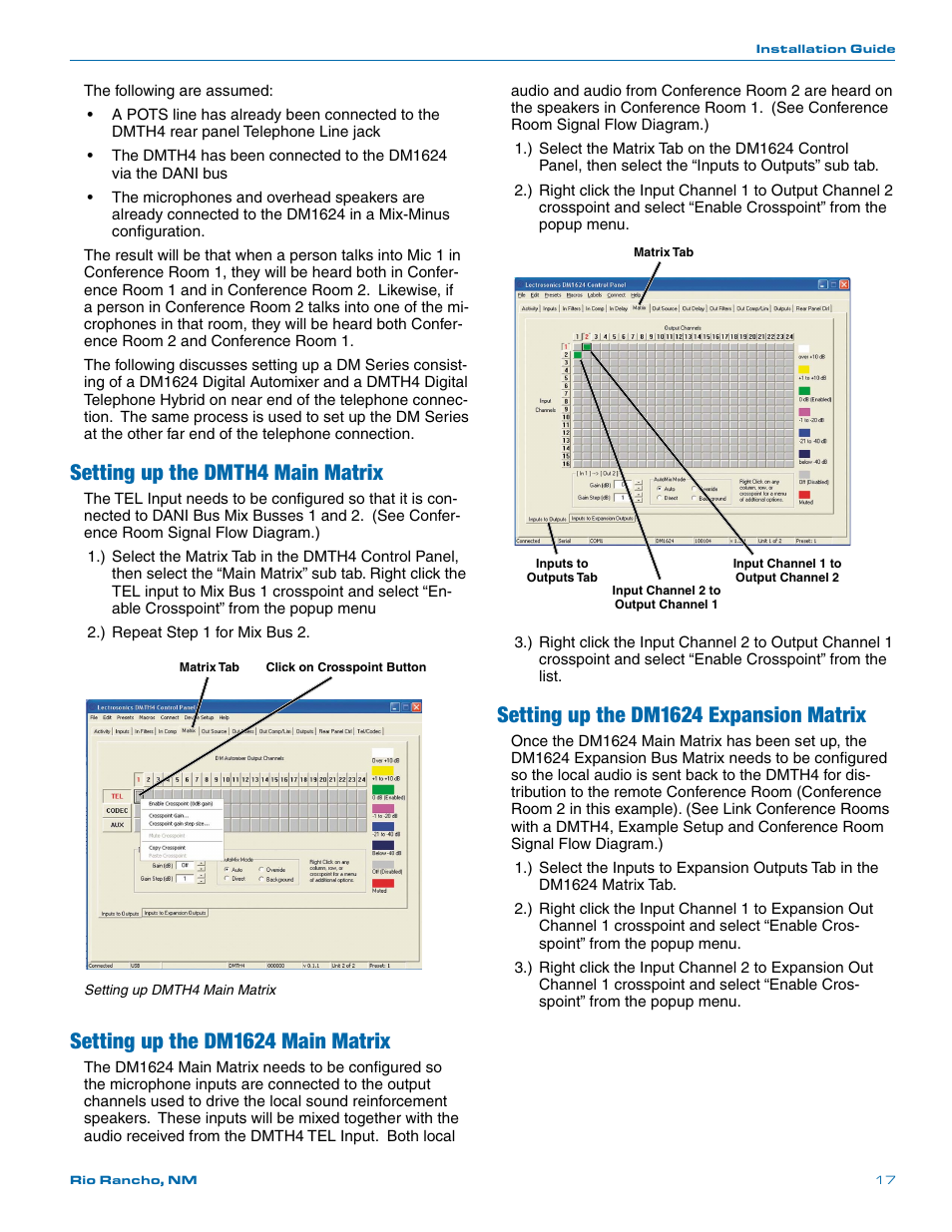 Setting up the dmth4 main matrix, Setting up the dm1624 main matrix, Setting up the dm1624 expansion matrix | Lectrosonics DMTH4 User Manual | Page 17 / 24