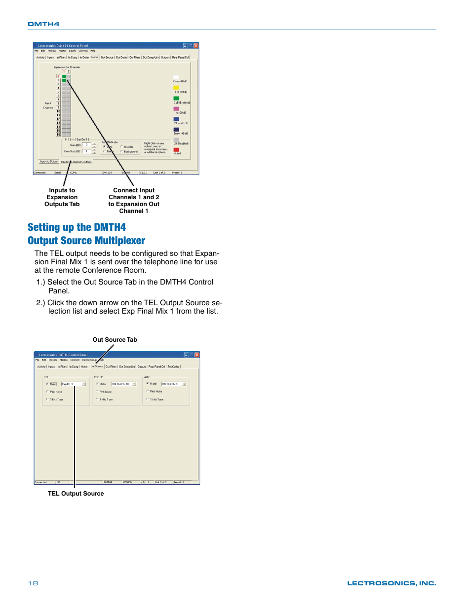 Setting up the dmth4, Output source multiplexer, Setting up the dmth4 output source multiplexer | Lectrosonics DMTH4 User Manual | Page 18 / 24