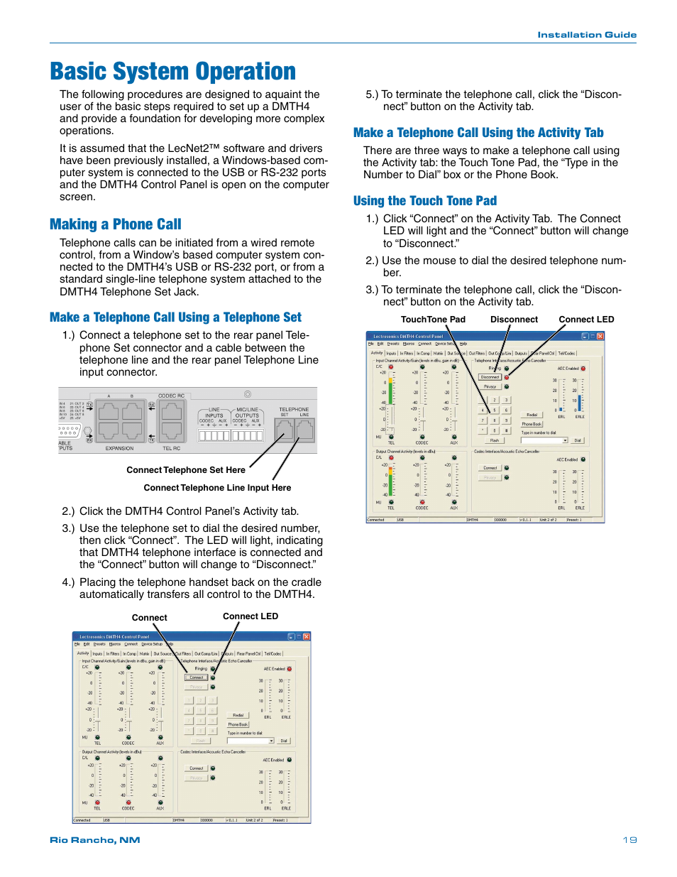 Basic system operation, Making a phone call, Make a telephone call using a telephone set | Make a telephone call using the activity tab, Using the touch tone pad | Lectrosonics DMTH4 User Manual | Page 19 / 24
