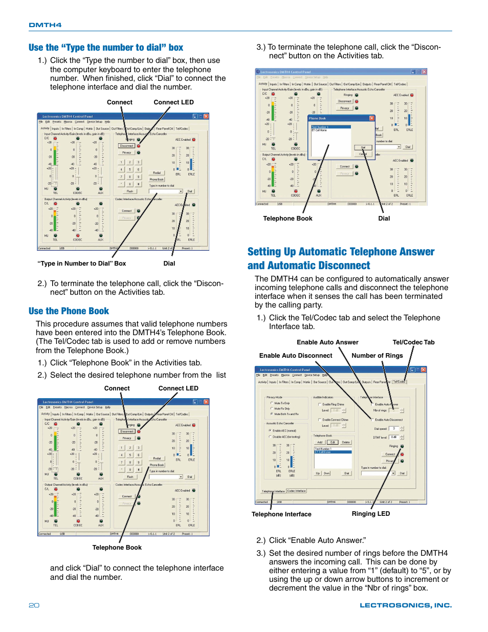 Setting up automatic telephone answer, And automatic disconnect, Use the “type the number to dial” box | Use the phone book | Lectrosonics DMTH4 User Manual | Page 20 / 24