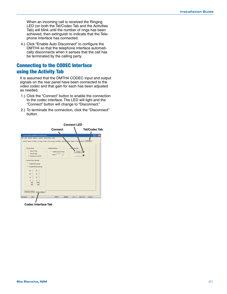 Connecting to the codec interface, Using the activity tab | Lectrosonics DMTH4 User Manual | Page 21 / 24