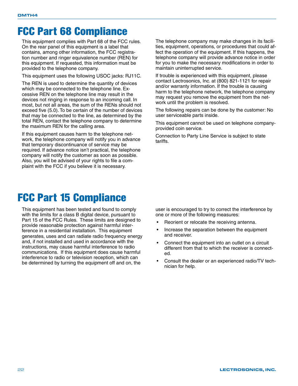 Fcc part 68 compliance, Fcc part 15 compliance, Fcc part 68 compliance fcc part 15 compliance | Lectrosonics DMTH4 User Manual | Page 22 / 24