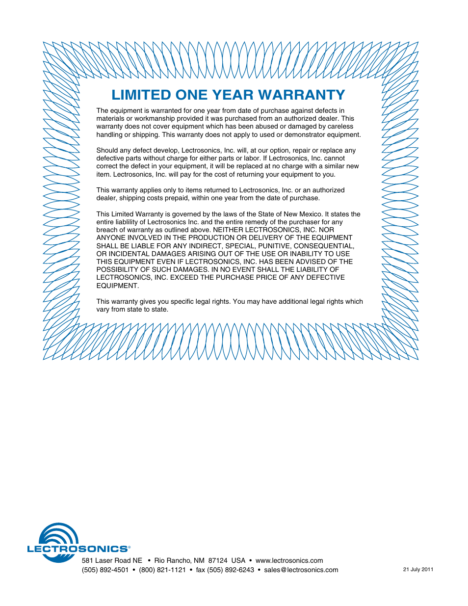 Limited one year warranty | Lectrosonics DMTH4 User Manual | Page 24 / 24
