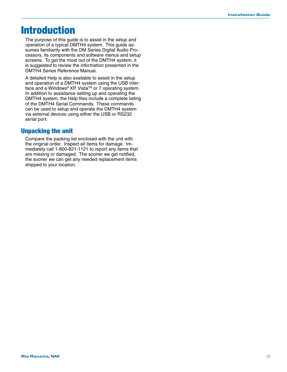 Introduction, Unpacking the unit | Lectrosonics DMTH4 User Manual | Page 5 / 24