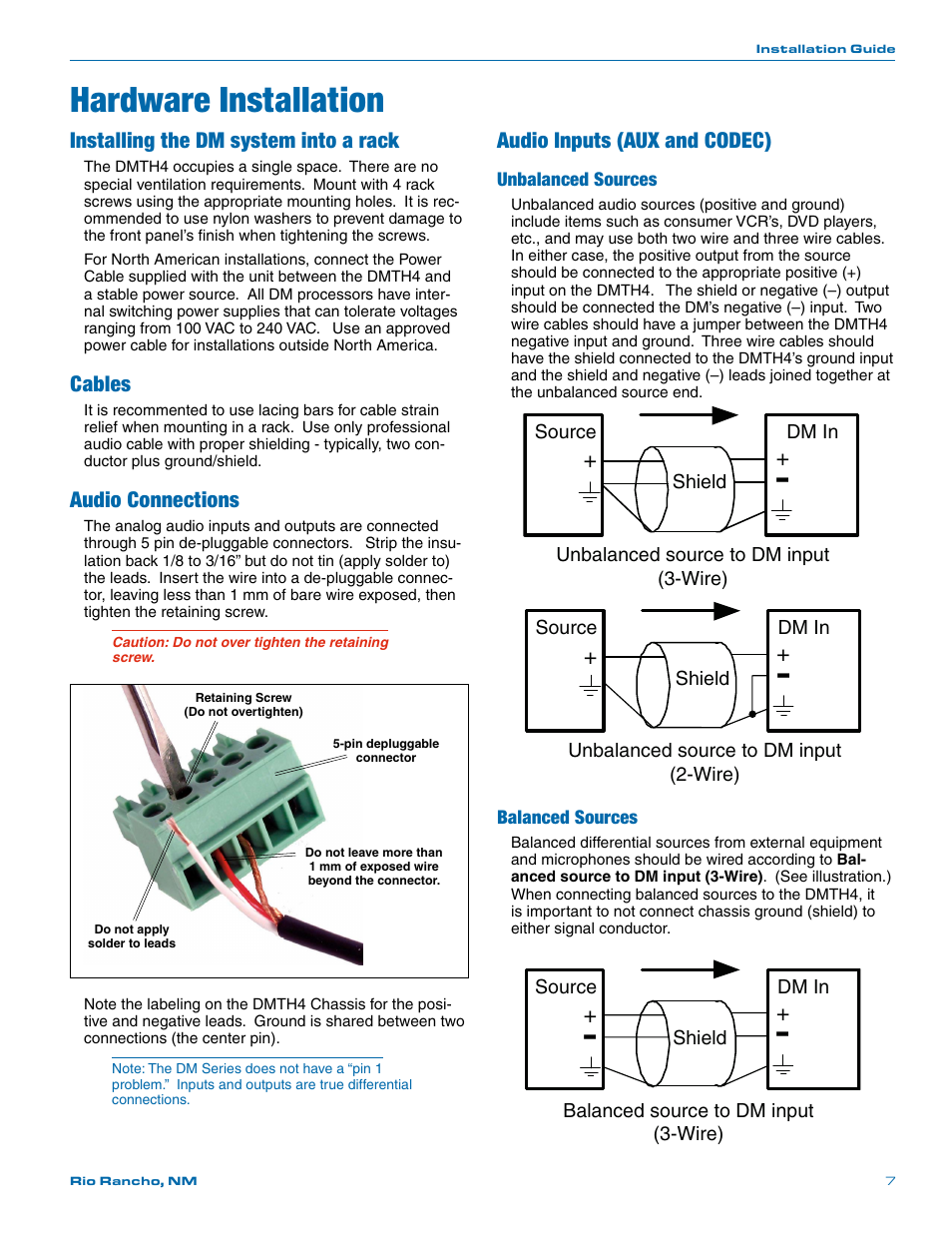 Hardware installation, Installing the dm system into a rack, Cables | Audio connections, Audio inputs (aux and codec) | Lectrosonics DMTH4 User Manual | Page 7 / 24