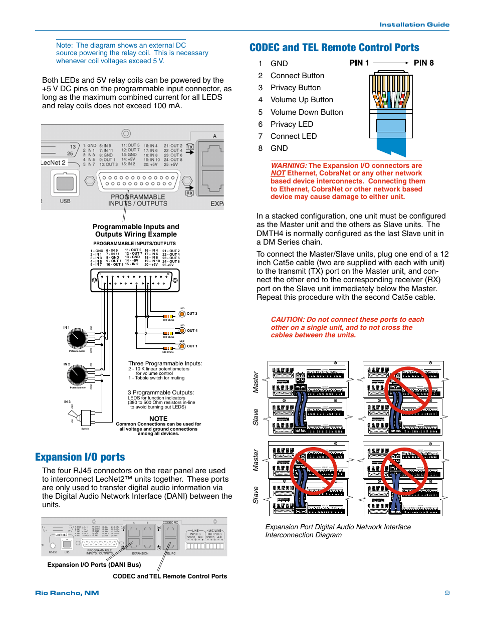 Expansion i/o ports, Codec and tel remote control ports, Programmable inputs and outputs wiring example | Master sla ve master sla ve, Installation guide rio rancho, nm 9, Three programmable inputs, 3 programmable outputs | Lectrosonics DMTH4 User Manual | Page 9 / 24