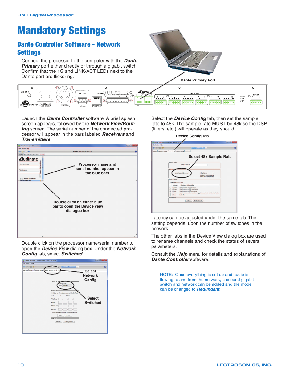 Mandatory settings, Dante controller software - network settings | Lectrosonics DNT16i User Manual | Page 10 / 20