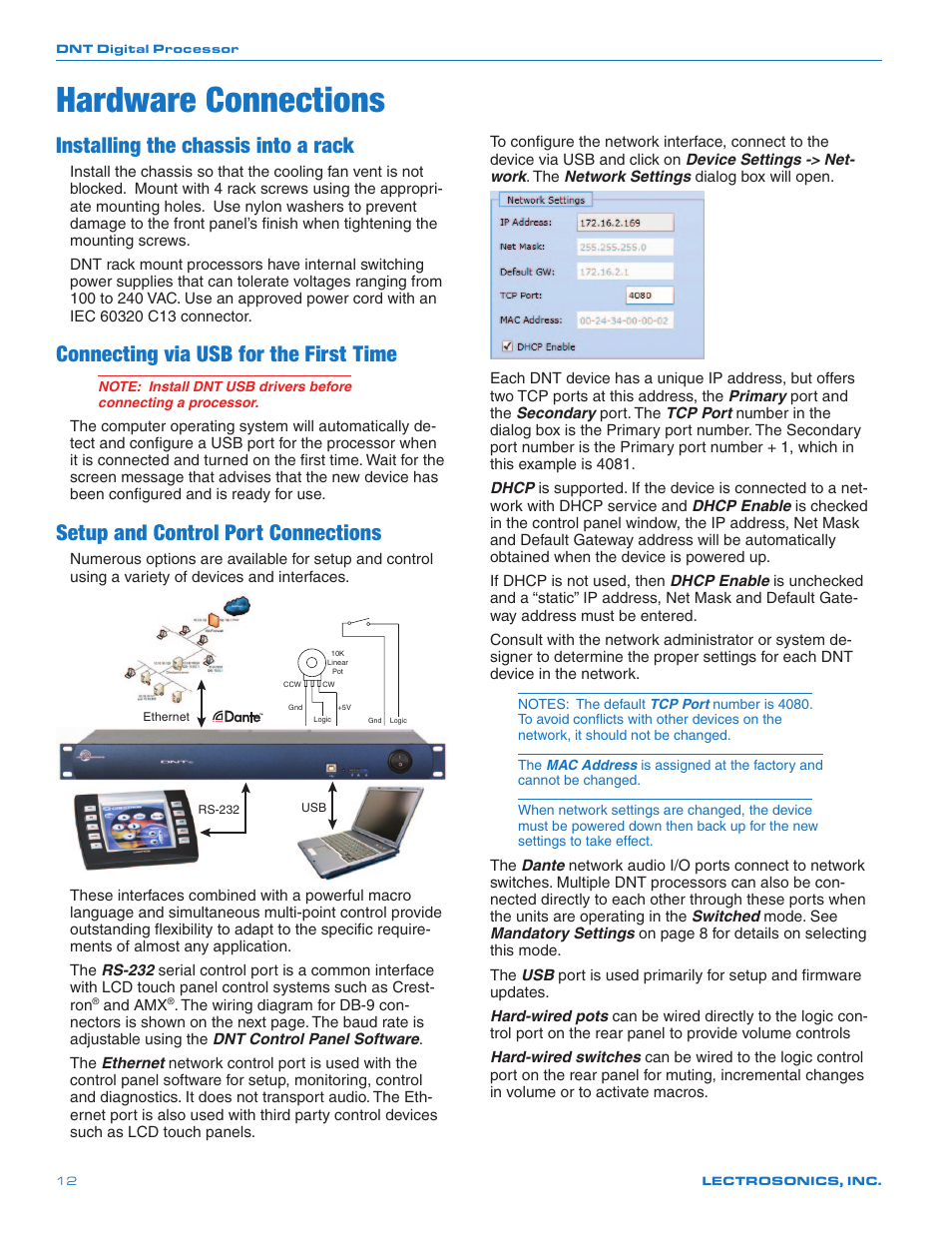 Hardware connections, Installing the chassis into a rack, Connecting via usb for the first time | Setup and control port connections | Lectrosonics DNT16i User Manual | Page 12 / 20