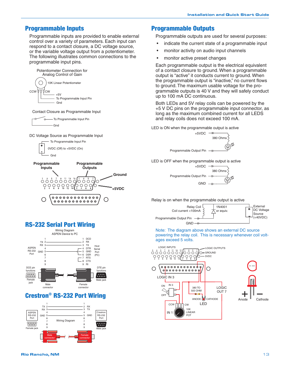 Programmable inputs, Rs-232 serial port wiring, Crestron | Rs-232 port wiring, Programmable outputs | Lectrosonics DNT16i User Manual | Page 13 / 20