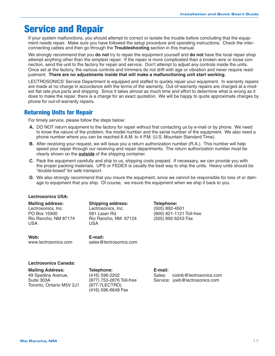 Service and repair, Returning units for repair | Lectrosonics DNT16i User Manual | Page 17 / 20
