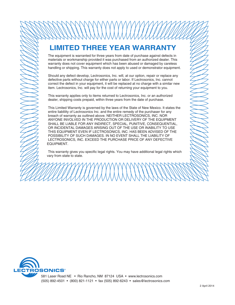 Limited three year warranty | Lectrosonics DNT16i User Manual | Page 20 / 20