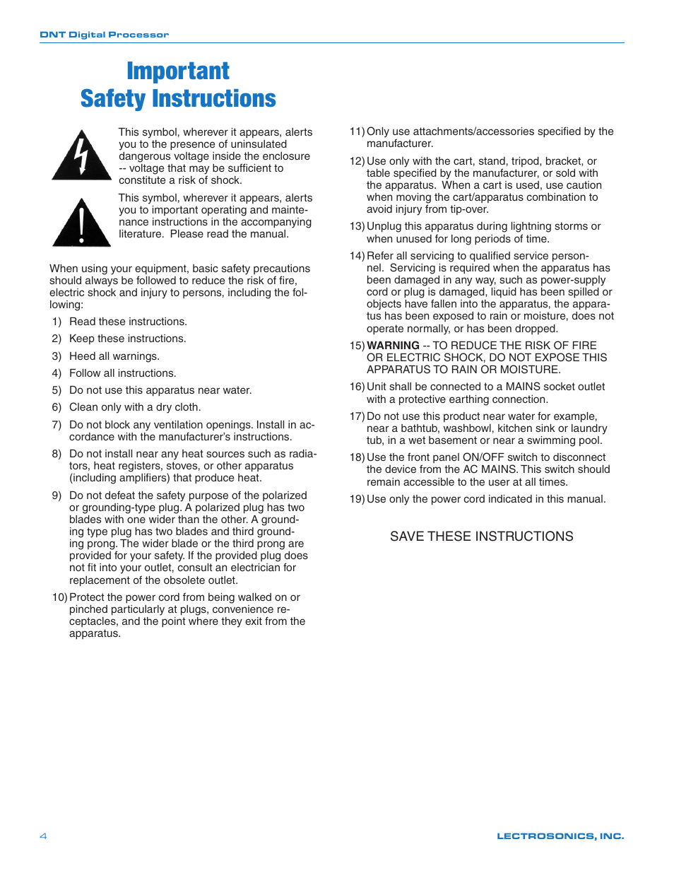 Important, Safety instructions, Important safety instructions | Lectrosonics DNT16i User Manual | Page 4 / 20