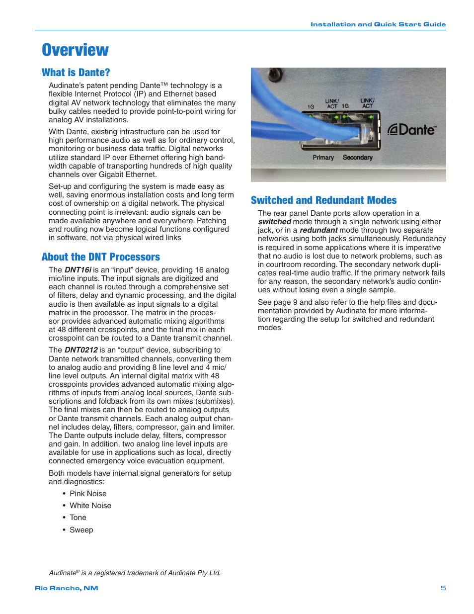 Overview, What is dante, About the dnt processors | Switched and redundant modes | Lectrosonics DNT16i User Manual | Page 5 / 20