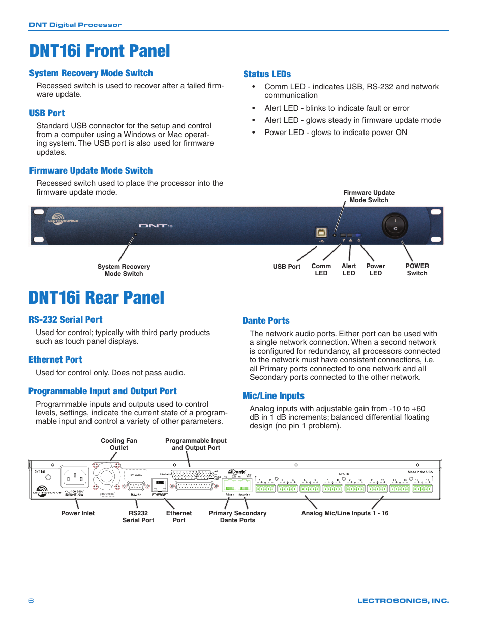 Dnt16i front panel, Dnt16i rear panel, System recovery mode switch | Usb port, Firmware update mode switch, Rs-232 serial port, Ethernet port, Programmable input and output port, Status leds, Dante ports | Lectrosonics DNT16i User Manual | Page 6 / 20
