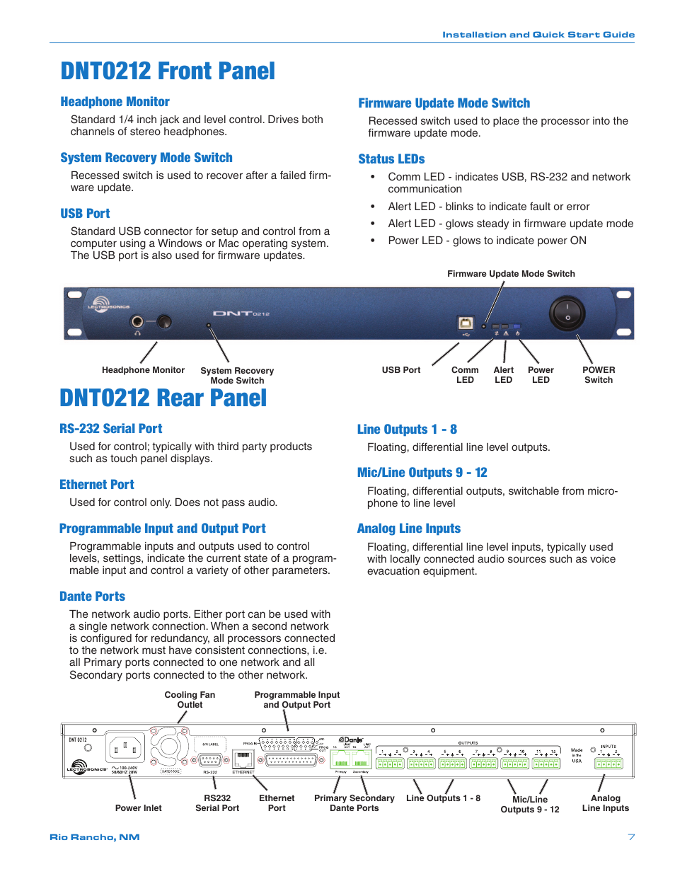 Dnt0212 front panel, Dnt0212 rear panel, Headphone monitor | System recovery mode switch, Usb port, Rs-232 serial port, Ethernet port, Programmable input and output port, Dante ports, Firmware update mode switch | Lectrosonics DNT16i User Manual | Page 7 / 20