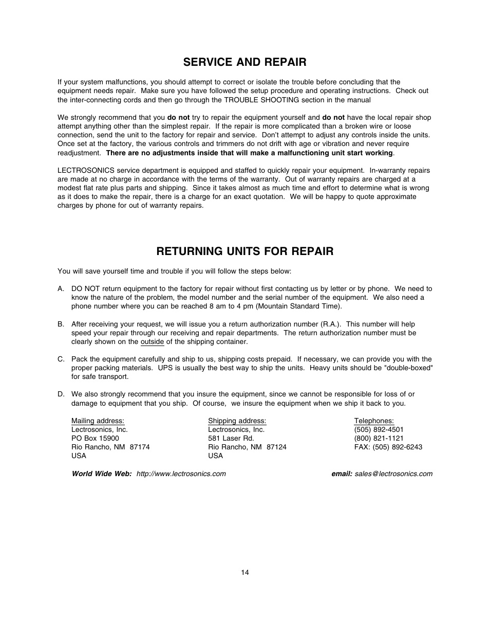 Service and repair, Returning units for repair | Lectrosonics DC1 User Manual | Page 15 / 16