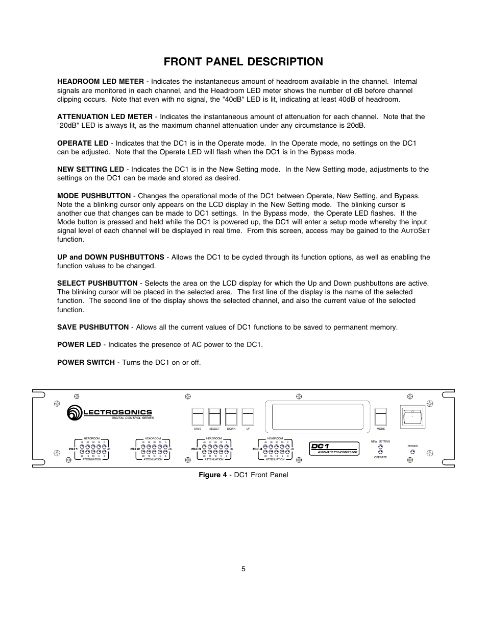 Front panel description, Figure 4 - dc1 front panel 5, Lectrosonics | Lectrosonics DC1 User Manual | Page 6 / 16