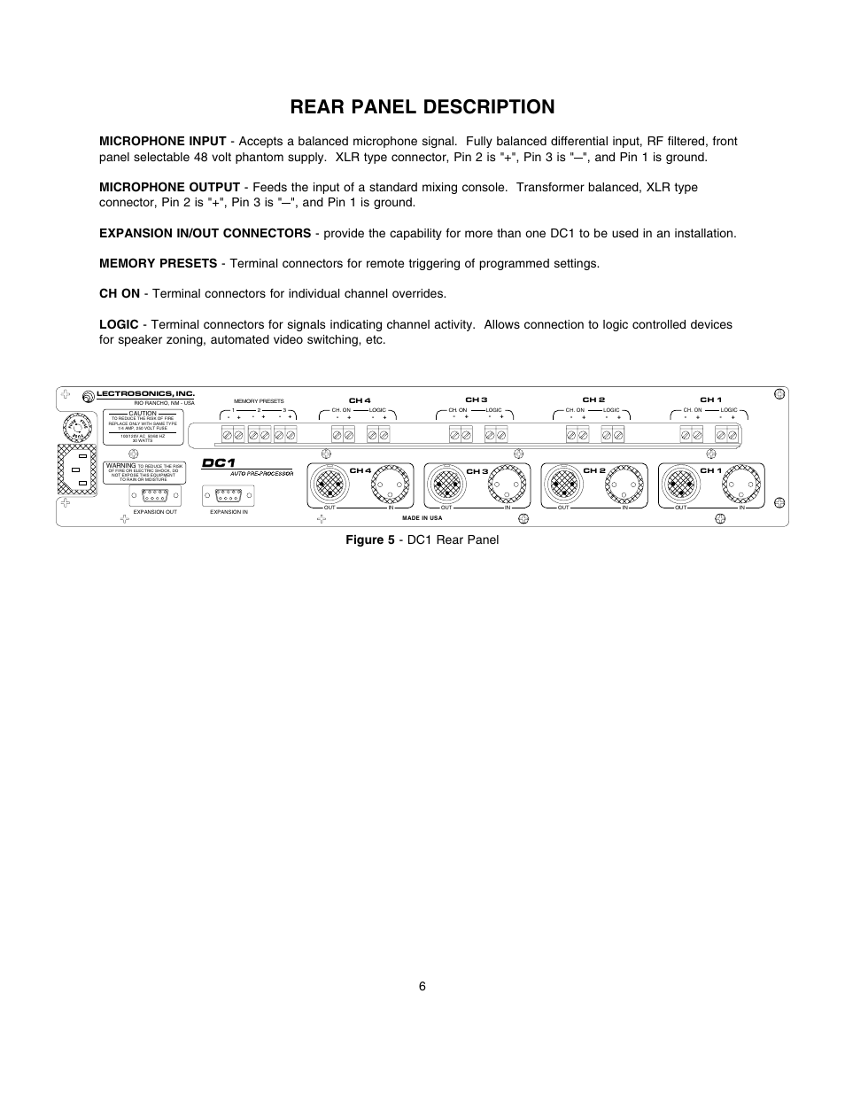 Rear panel description, Figure 5 - dc1 rear panel 6 | Lectrosonics DC1 User Manual | Page 7 / 16