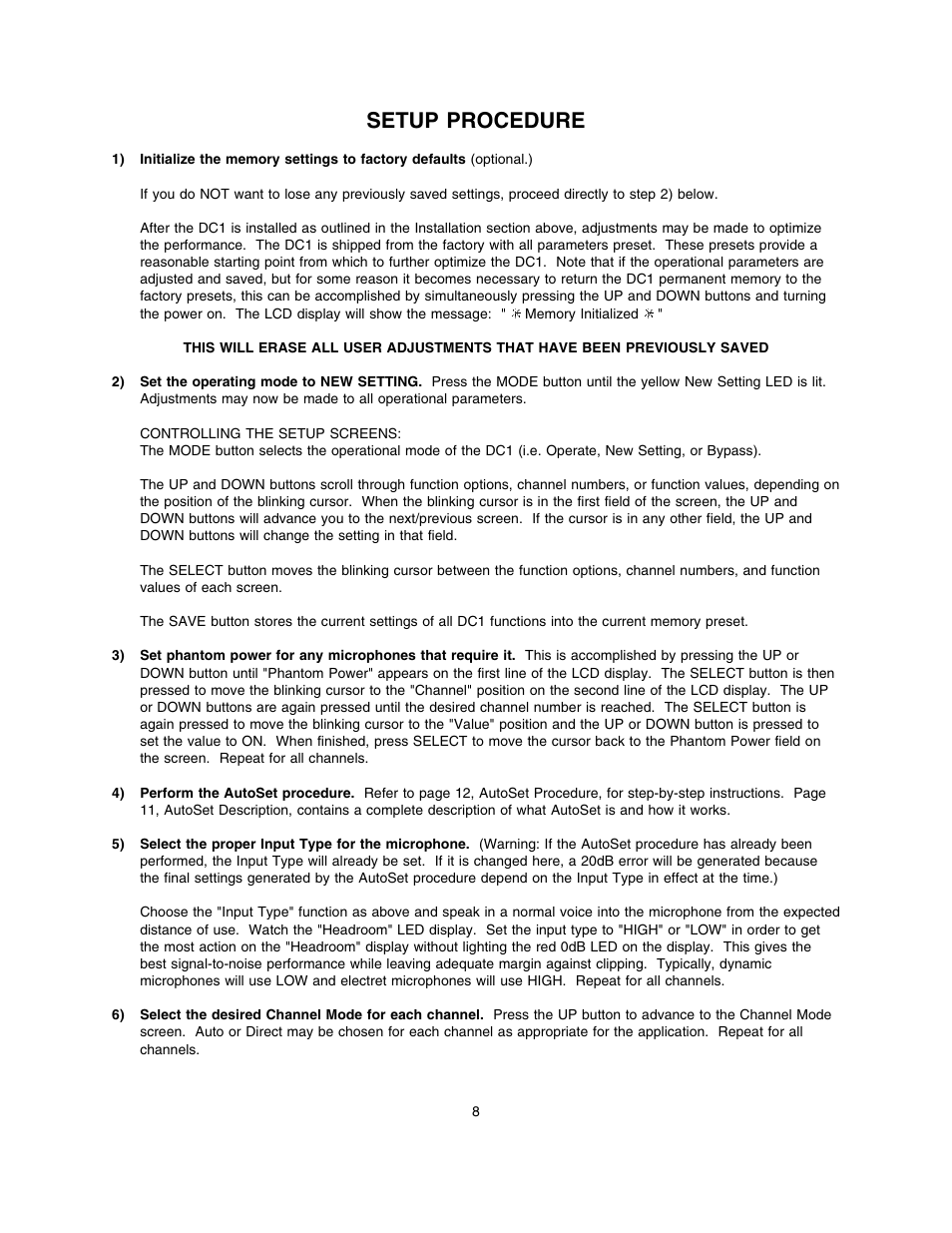 Setup procedure | Lectrosonics DC1 User Manual | Page 9 / 16