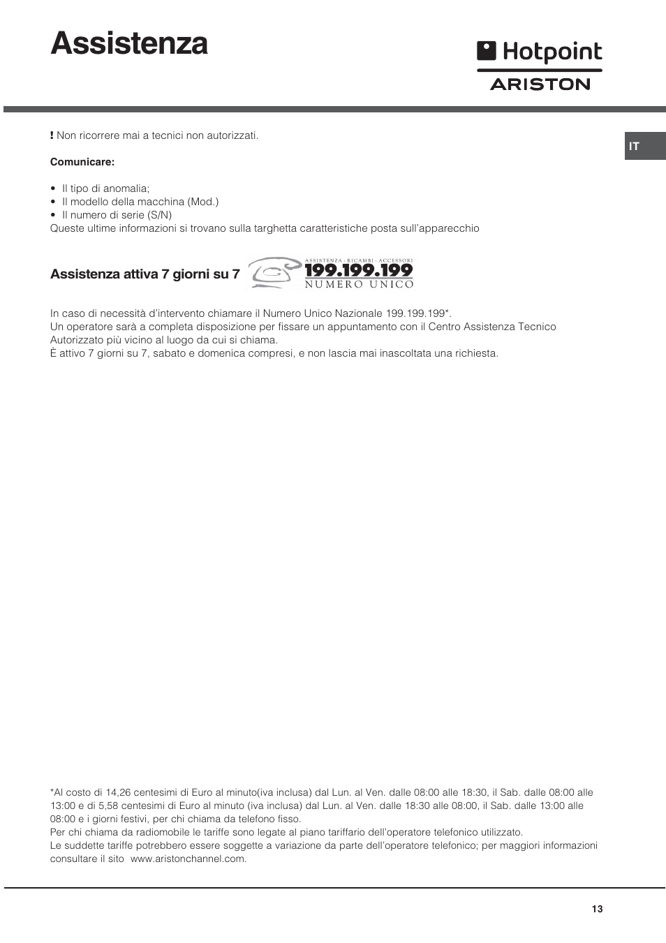 Assistenza | Ariston CE6VP4 User Manual | Page 13 / 76