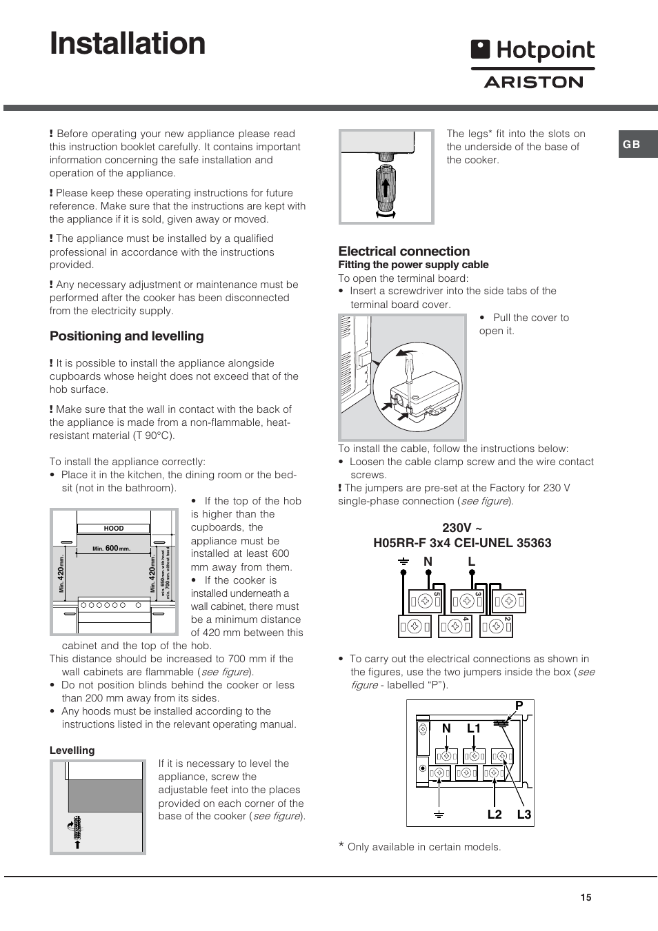 Installation, Positioning and levelling, Electrical connection | Ariston CE6VP4 User Manual | Page 15 / 76