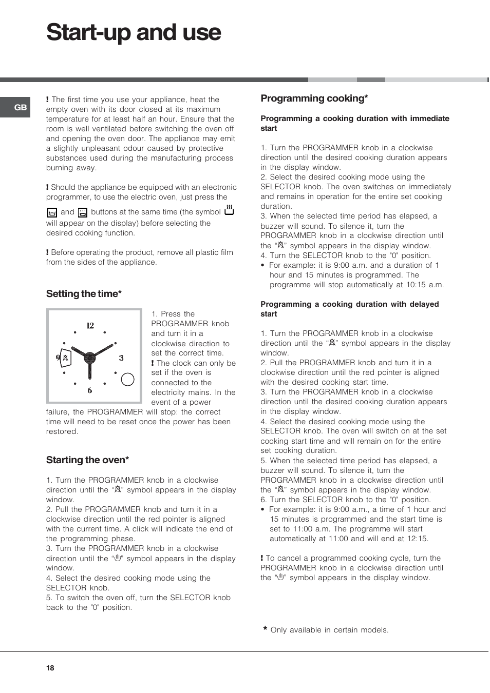 Start-up and use, Setting the time, Starting the oven | Programming cooking | Ariston CE6VP4 User Manual | Page 18 / 76