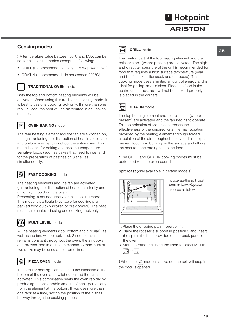 Cooking modes | Ariston CE6VP4 User Manual | Page 19 / 76