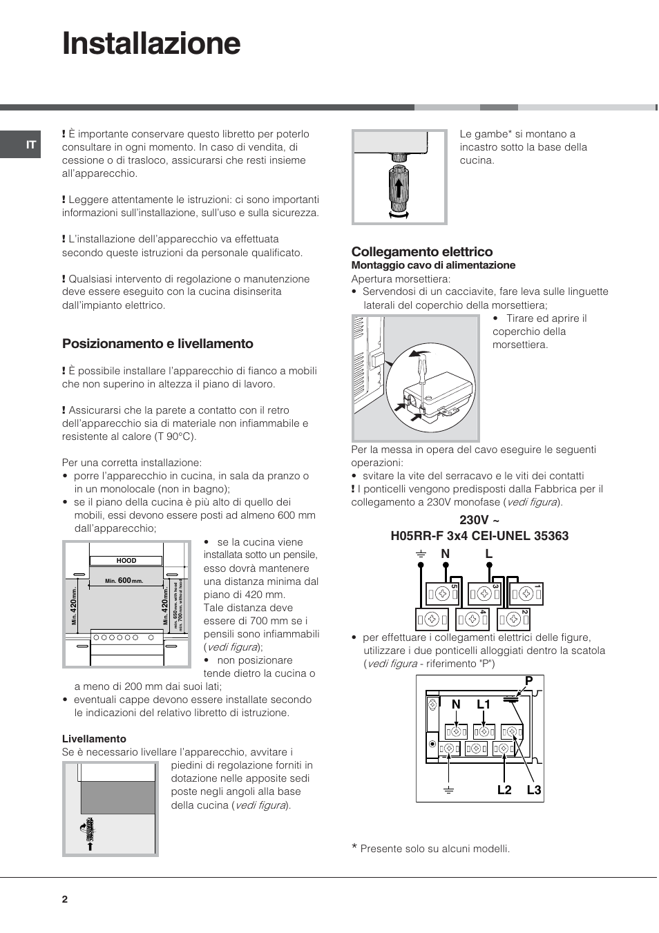 Installazione, Posizionamento e livellamento, Collegamento elettrico | Nl2 l1 l3 p | Ariston CE6VP4 User Manual | Page 2 / 76