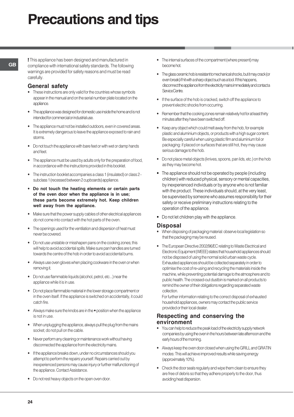 Precautions and tips, General safety, Disposal | Respecting and conserving the environment | Ariston CE6VP4 User Manual | Page 24 / 76