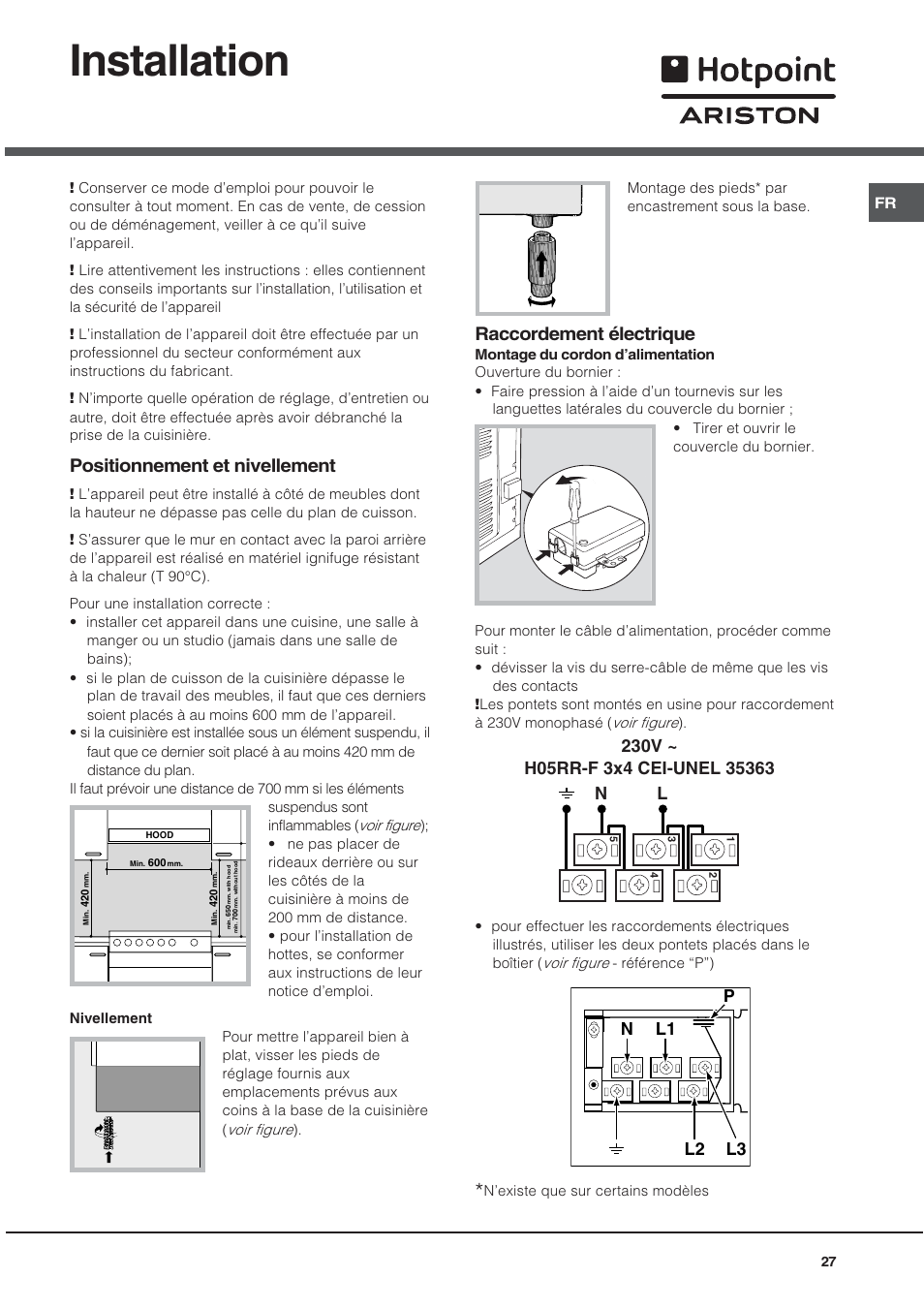 Installation, Positionnement et nivellement, Raccordement électrique | Ariston CE6VP4 User Manual | Page 27 / 76