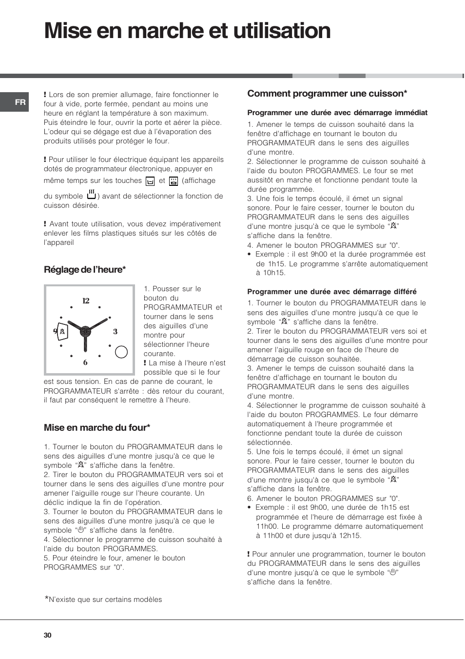 Mise en marche et utilisation, Réglage de lheure, Mise en marche du four | Comment programmer une cuisson | Ariston CE6VP4 User Manual | Page 30 / 76