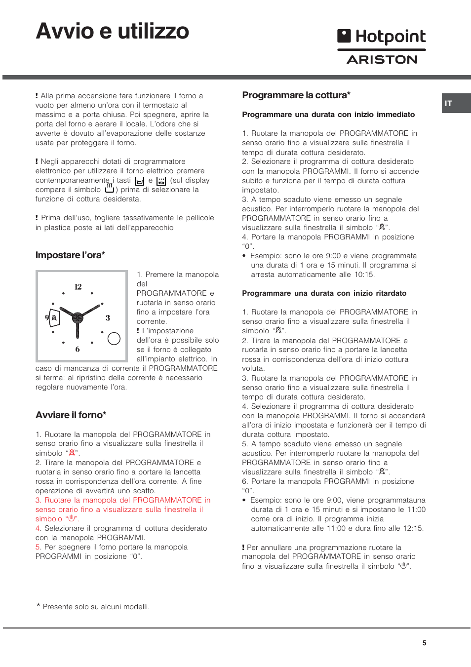 Avvio e utilizzo, Impostare lora, Avviare il forno | Programmare la cottura | Ariston CE6VP4 User Manual | Page 5 / 76