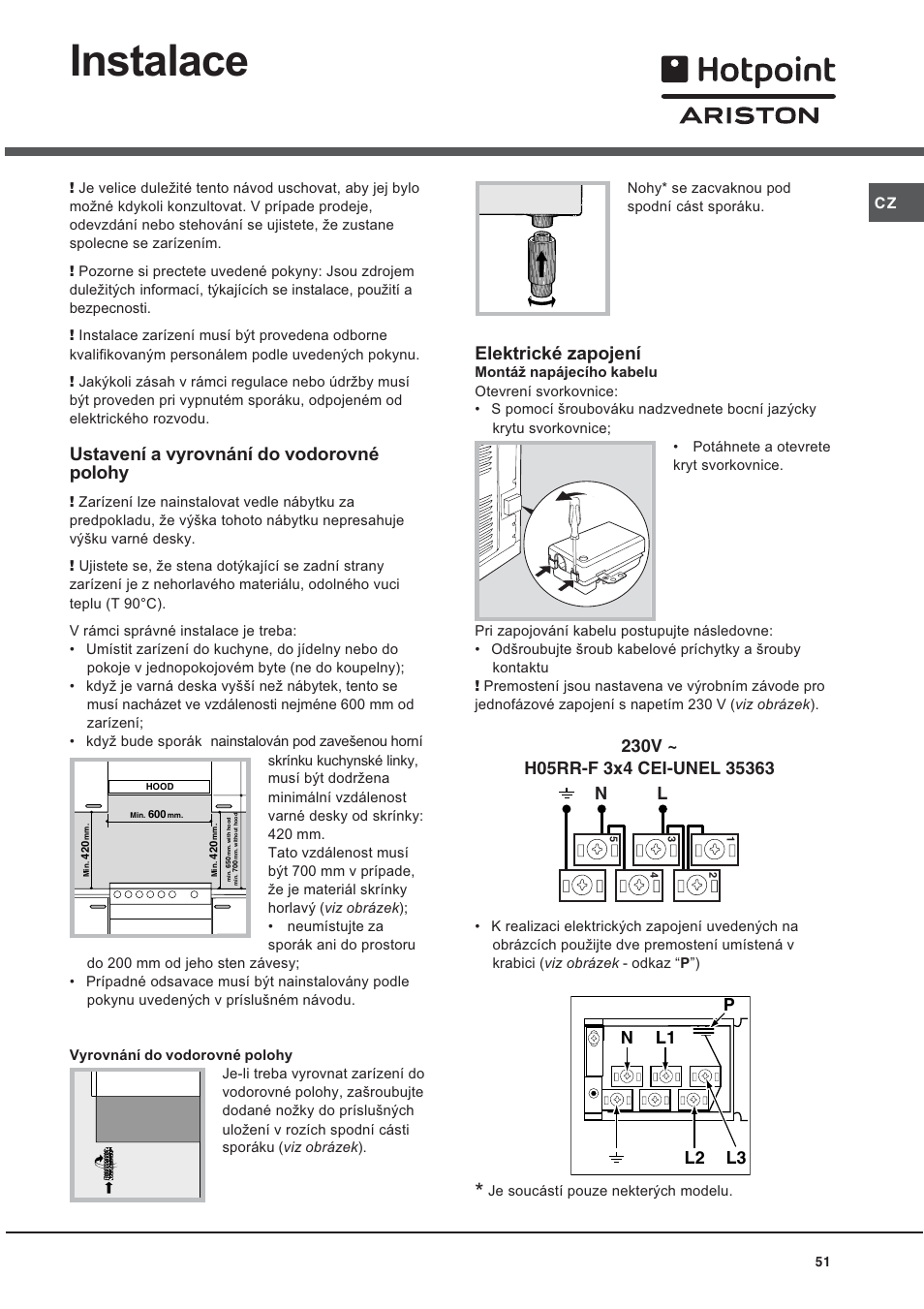 Instalace, Ustavení a vyrovnání do vodorovné polohy, Elektrické zapojení | Ariston CE6VP4 User Manual | Page 51 / 76