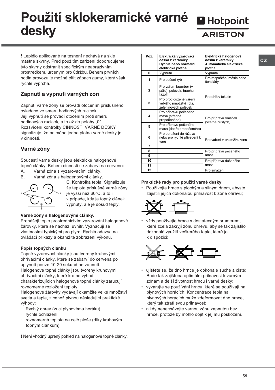 Pouití sklokeramické varné desky, Zapnutí a vypnutí varných zón, Varné zóny | Ariston CE6VP4 User Manual | Page 59 / 76